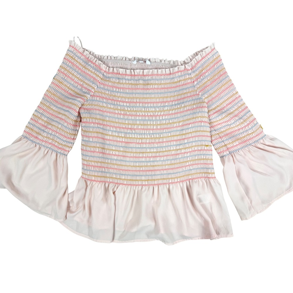 Candie's‎ Smocked Off Shoulder Top Bell Sleeve Pink Striped Blouse Womens L